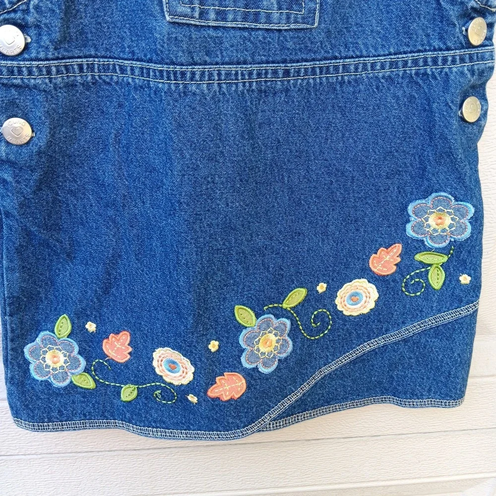 VTG Y2K Young Hearts Girls 3T Denim Jumper Dress‎ Embroidered Floral Cottagecore
